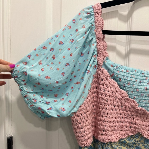 NWT Asos Crochet Mini Dress 14 Ditsy Floral Babydoll Cottage Coquette Patchwork - Picture 5 of 13